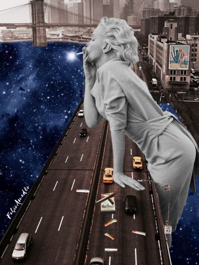This may contain: a woman standing on top of a bridge with cars and buses in the road below