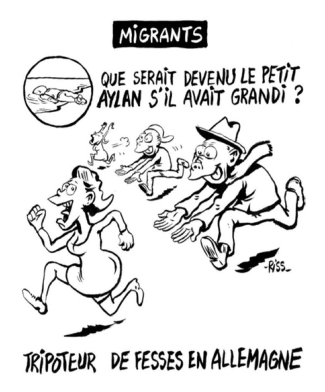 This controversial Charlie Hebdo cartoon by acting editor Laurent "Riss" Sourisseau reads: "What would little Aylan have grown up to be? (A) groper in Germany."