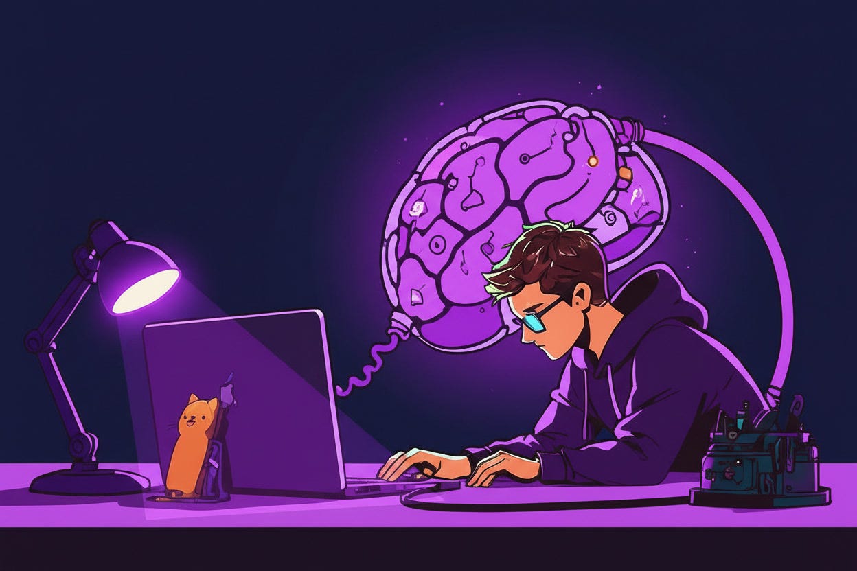 A man working on a laptop with a brain in the background behind him. A man working on a laptop with a brain in the background behind him.