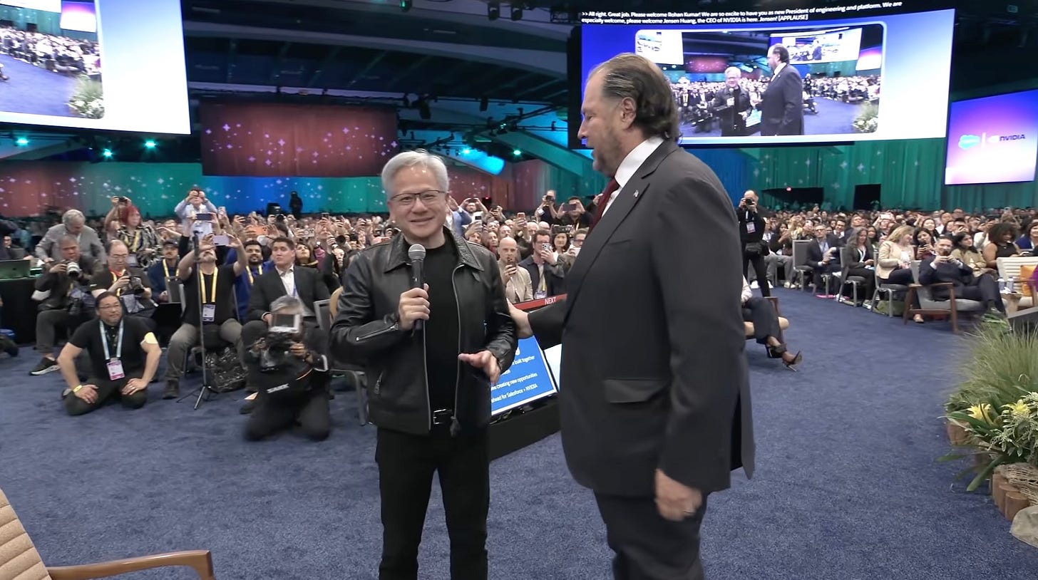 Nvidia CEO Jensen Huang (left) and Salesforce CEO Marc Benioff at Dreamforce. Nvidia CEO Jensen Huang (left) and Salesforce CEO Marc Benioff at Dreamforce.