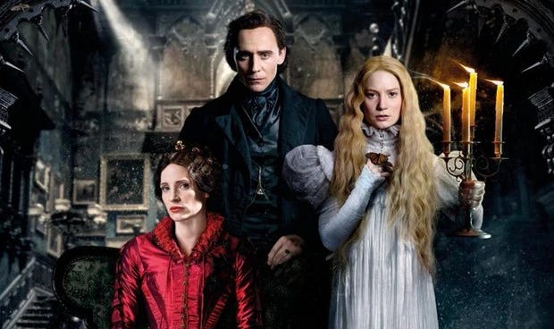 The Sharpes and Edith pose for the cover of "Crimson Peak" The Sharpes and Edith pose for the cover of "Crimson Peak"