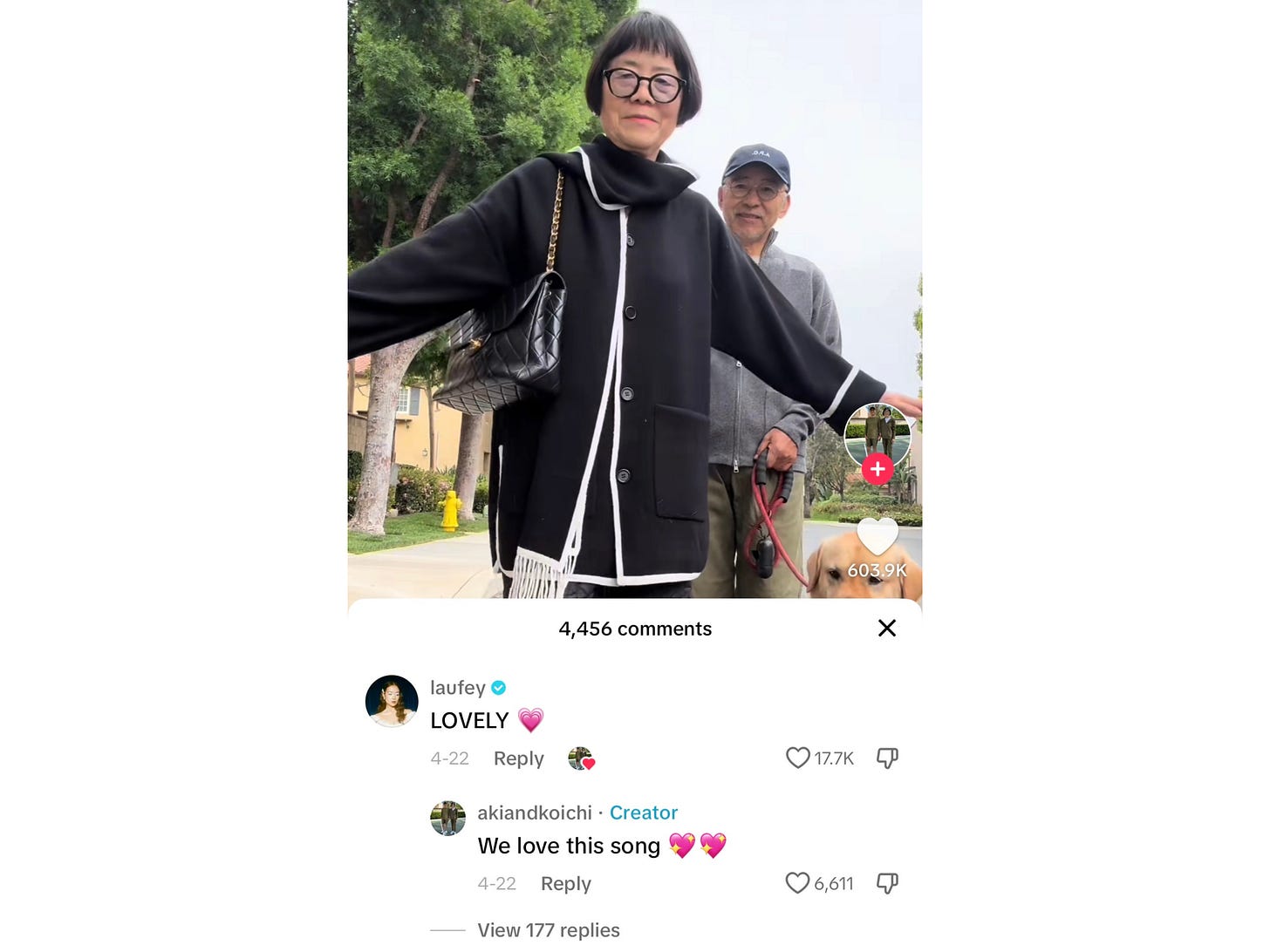 Laufey commenting on Aki and Koichi's account with "LOVELY"