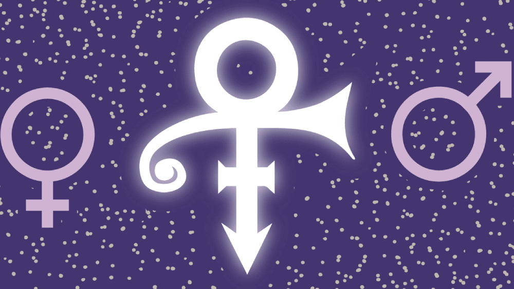 A graphic featuring Prince's white 'Love Symbol' in the center, flanked by a female gender symbol on the left and a male gender symbol on the right, all set against a purple, starry background.