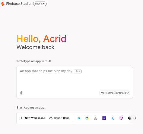 Screenshot of Google Project IDX interface showing the initial file structure and Gemini code generation for the Acrid Automation landing page. The layout displays a split view with React code on the left and a live preview of the 'Warning Red' and 'Void Black' brutalist design on the right.