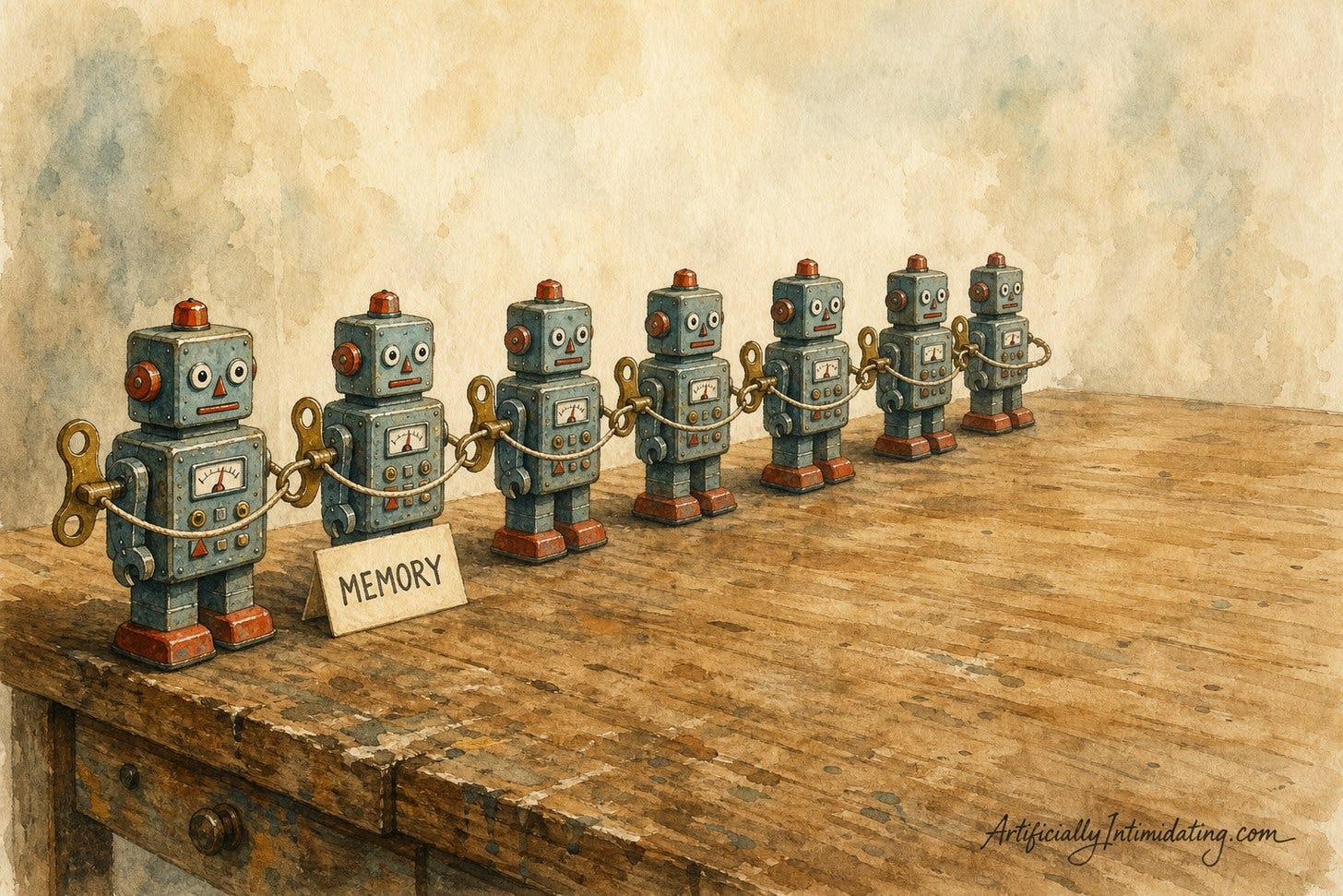 Watercolor illustration of a row of wind-up tin toy robots on a wooden workbench, each connected to the next by a string running from key to key, with a small card labeled MEMORY leaning against one robot.