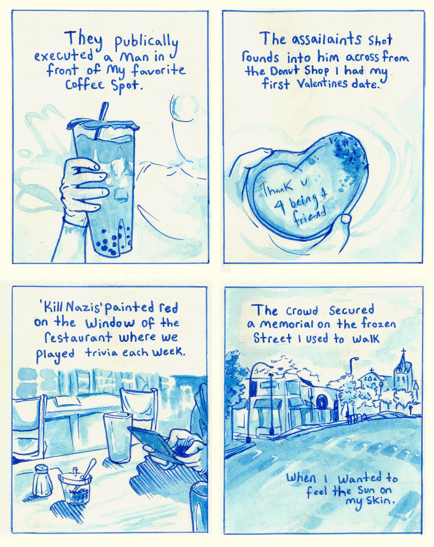 Watercolor comic by cartoonist Julian Deyo on their experience with ICE in their community. This was a comic created for the #ICEout comics movement on Instagram. 