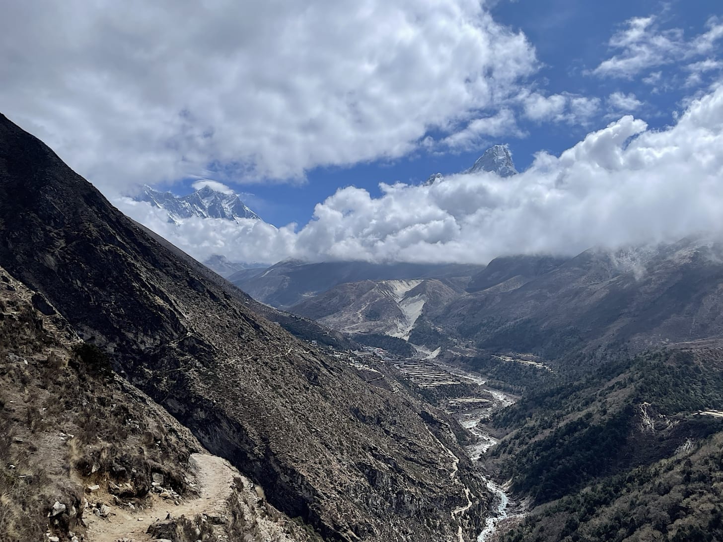 Looking back toward Pangboche and Ama Dablam, coyly peeking out from the clouds this morning.