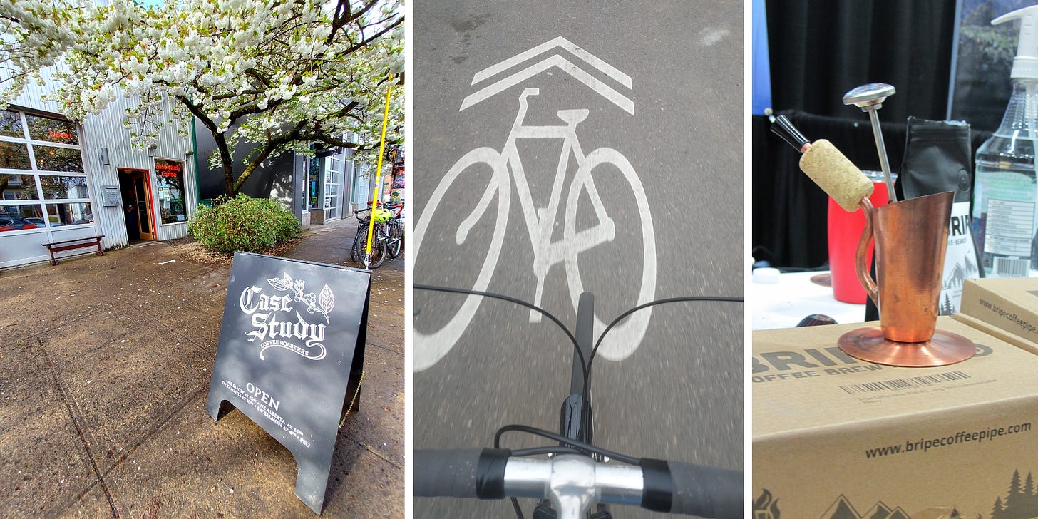 From Left: The front of Case Study Coffee-a tree with white flowering buds over hangs the entryway into the metal building. Center: A cyclists POV of their handlebars riding over a bike lane sign painted on the ground. Right: The Bripe, or coffee pipe. From Left: The front of Case Study Coffee-a tree with white flowering buds over hangs the entryway into the metal building. Center: A cyclists POV of their handlebars riding over a bike lane sign painted on the ground. Right: The Bripe, or coffee pipe.