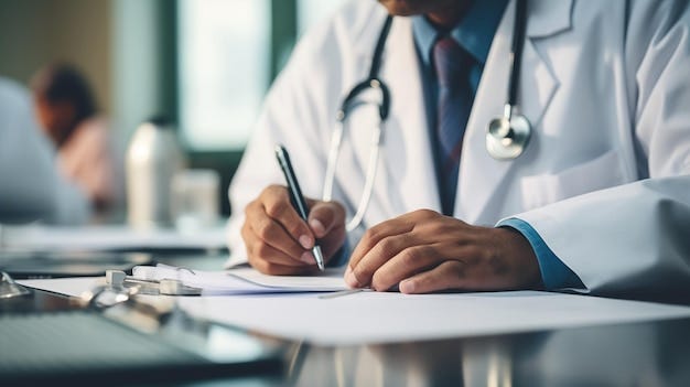 Doctor writing notes at desk
