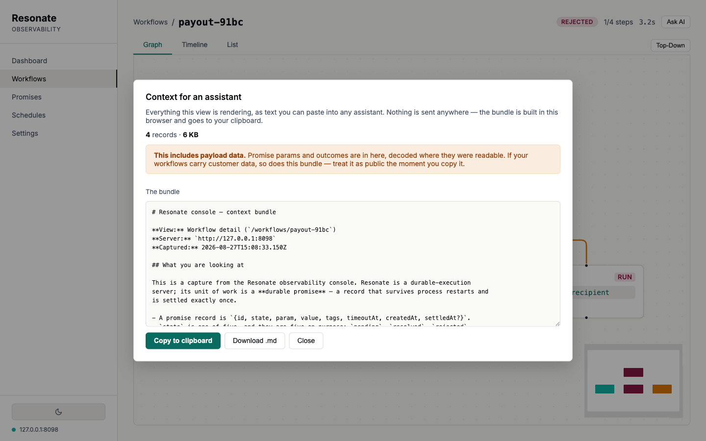 The Ask AI dialog, titled "Context for an assistant". It explains that everything the view is rendering is turned into text you can paste into any assistant, built in this browser and copied to your clipboard. It reports 4 records and 6 KB, carries an amber warning that the bundle includes payload data and should be treated as public the moment it is copied, and previews the generated Markdown. Buttons offer Copy to clipboard, Download .md and Close. The Ask AI dialog, titled "Context for an assistant". It explains that everything the view is rendering is turned into text you can paste into any assistant, built in this browser and copied to your clipboard. It reports 4 records and 6 KB, carries an amber warning that the bundle includes payload data and should be treated as public the moment it is copied, and previews the generated Markdown. Buttons offer Copy to clipboard, Download .md and Close.