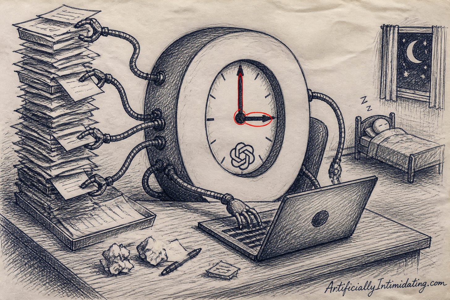 A giant lowercase letter o built like a round wall clock types on a laptop and sorts a tall stack of paper with cable arms at night, with an OpenAI flower on its face, while a tiny person sleeps in bed beside a crescent-moon window. A giant lowercase letter o built like a round wall clock types on a laptop and sorts a tall stack of paper with cable arms at night, with an OpenAI flower on its face, while a tiny person sleeps in bed beside a crescent-moon window.
