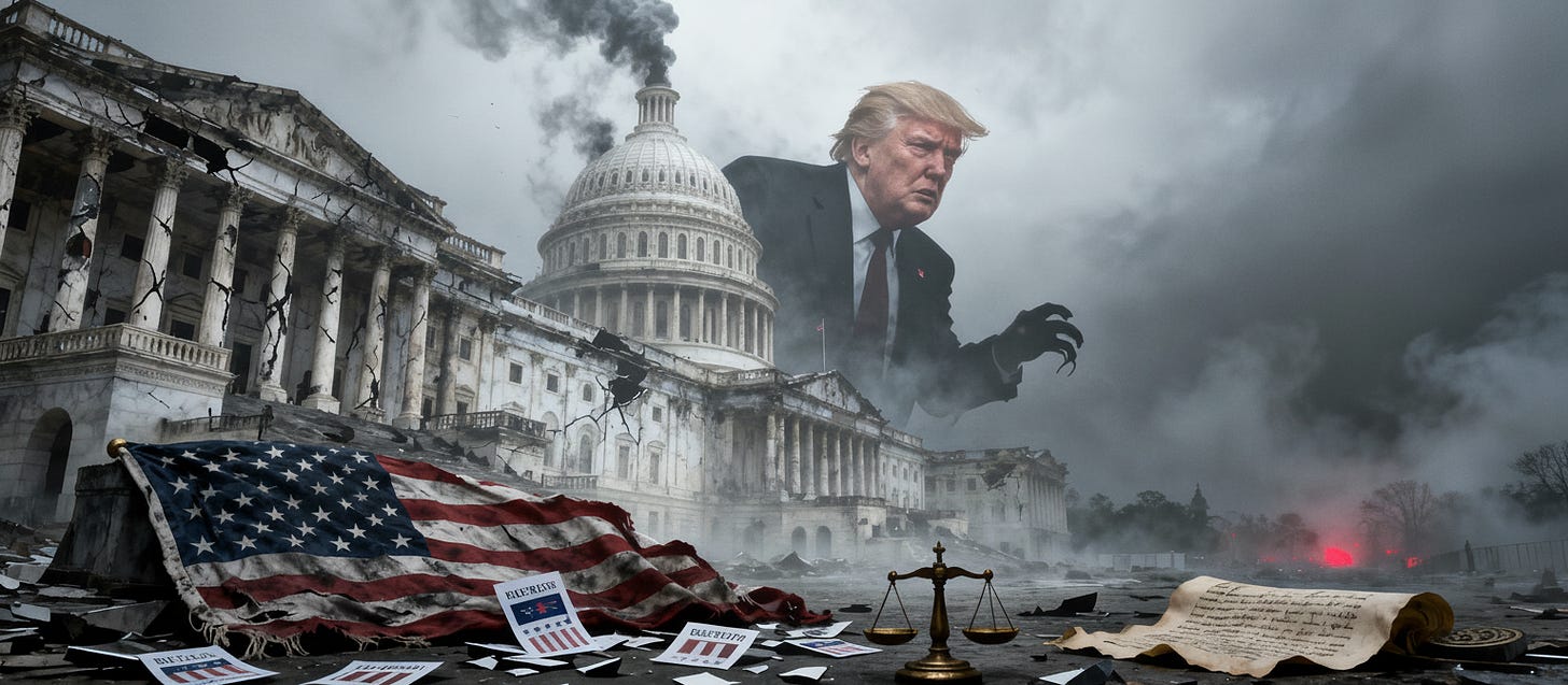 A brighter yet ominous symbolic scene of a crumbling American republic.