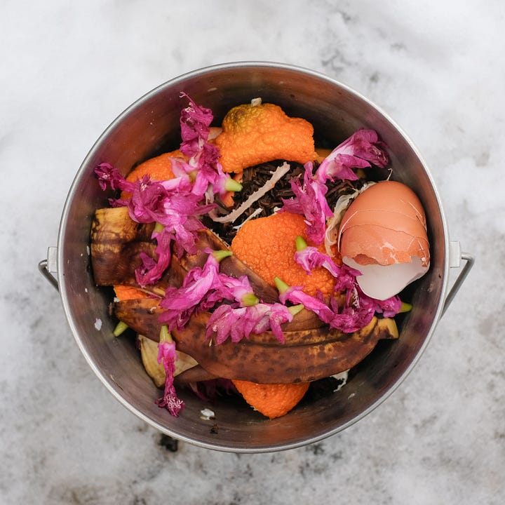 Diptych: Two buckets of colorful compost