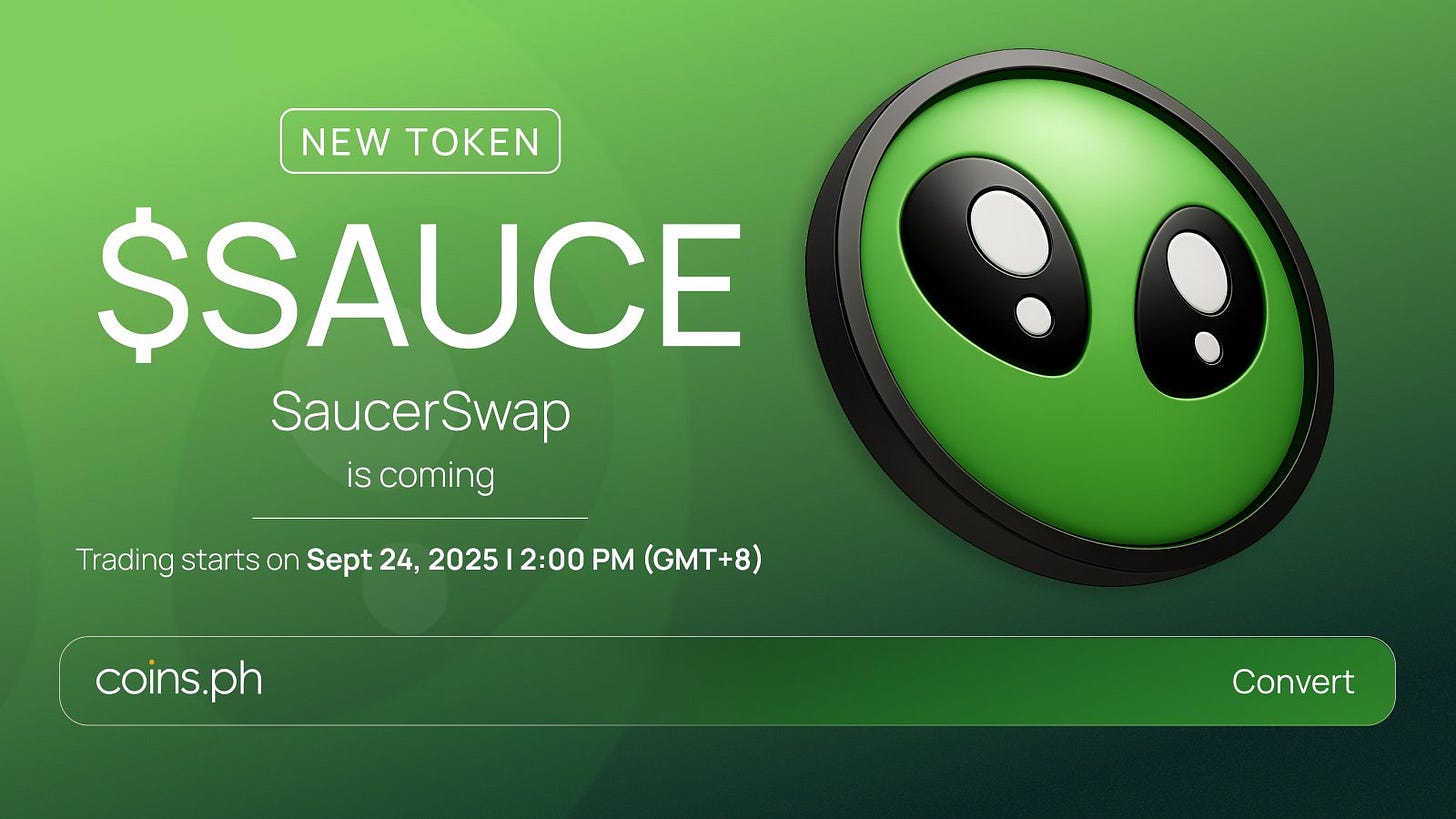 Coins.ph on X: "Ready to dive into Hedera's DeFi ecosystem? $SAUCE, the  reward and governance token for the SaucerSwap protocol, lists on  https://t.co/ehQWvZk9FW tomorrow, September 24. Be among the first to buy,