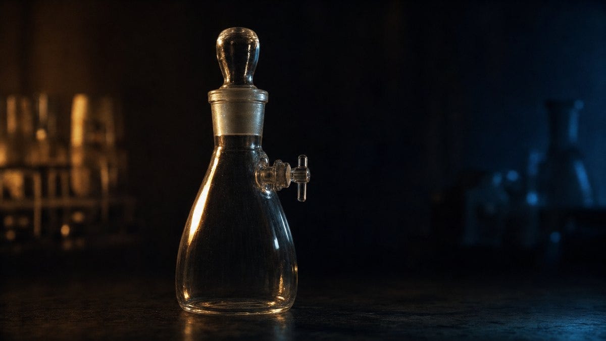 A sealed glass sample flask on a dark laboratory surface, catching low light A sealed glass sample flask on a dark laboratory surface, catching low light