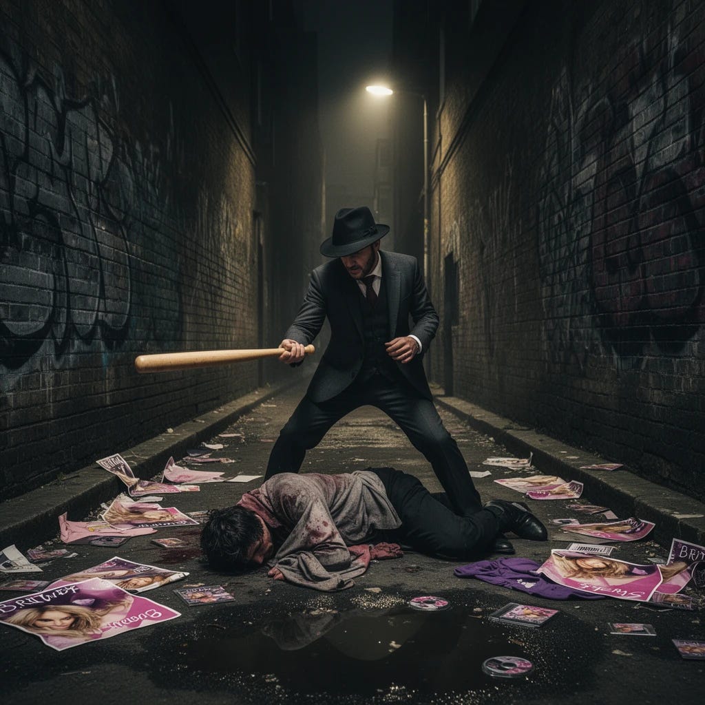 Small statured Albanian mobster beating man with baseball bat over Britney Spears merchandise Small statured Albanian mobster beating man with baseball bat over Britney Spears merchandise
