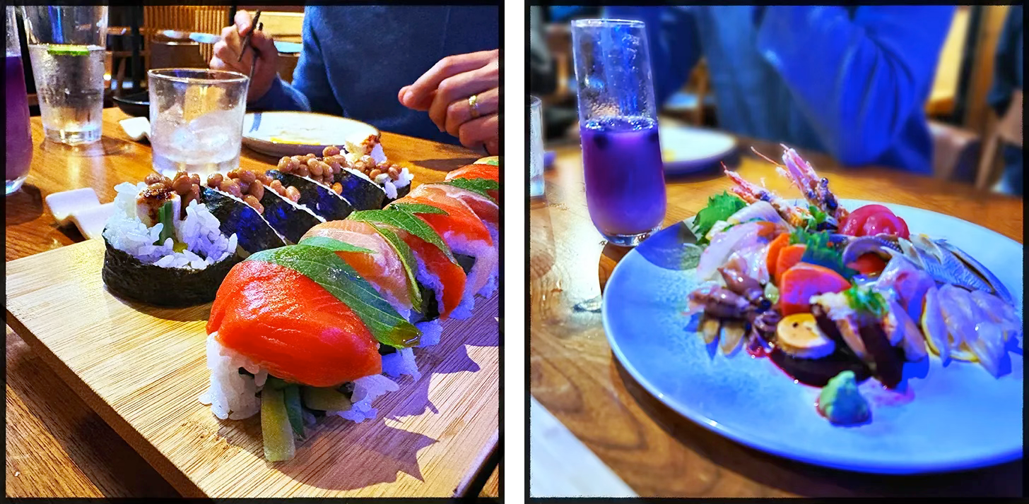 Two images of sushi rolls and an assortment of sashimi. Two images of sushi rolls and an assortment of sashimi.