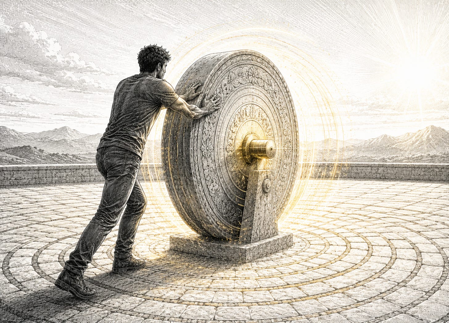 A man turns a large stone flywheel with a gold center, setting clean circular patterns into motion.