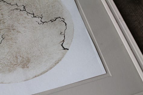 Circular artwork made with mud with roots painted on tope. framed in a light pink/stone frame.