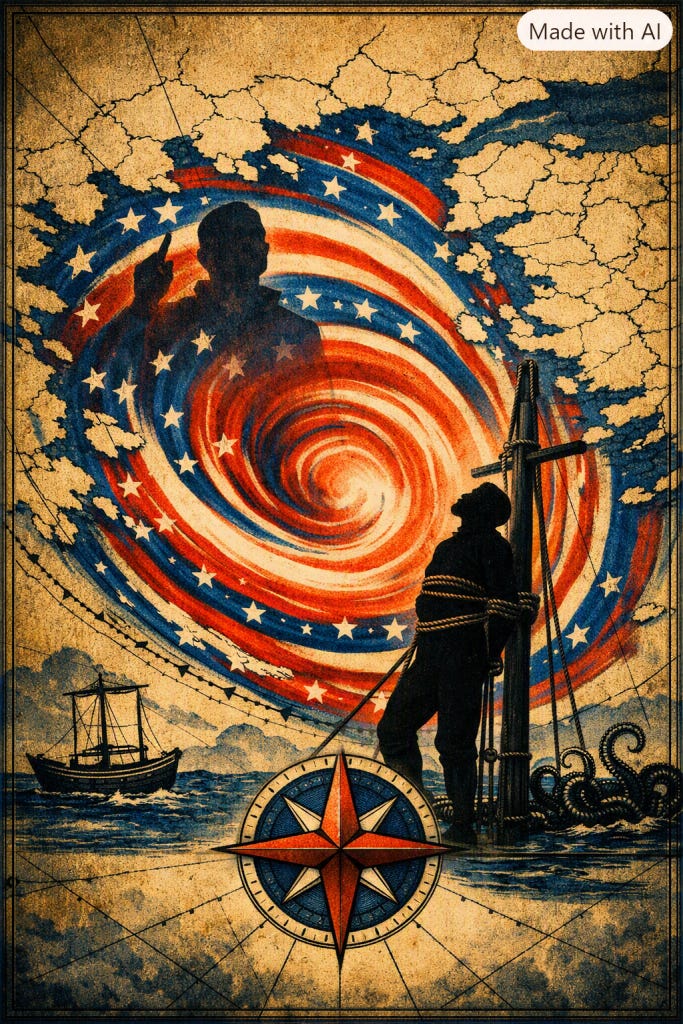 Silhouet van Odysseus vastgebonden aan de mast, kijkend naar een vortex in de vorm van de Amerikaanse vlag met een schaduwfiguur erin, geplaatst op een antieke kaart van Griekenland met route‑lijnen, een Grieks schip en een zeeserpent; symbolische illustratie over Odysseus, Trump, MAGA en de politiek van ontregeling.