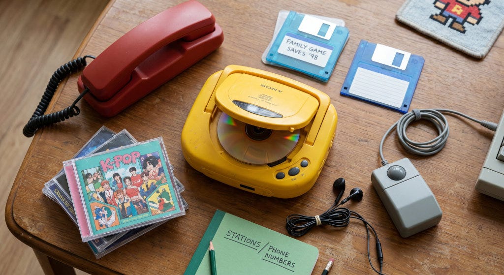 A photograph taken on a wooden tabletop showing a collection of retro-tech items including a CD player, a stack of CDs and a wired telephone