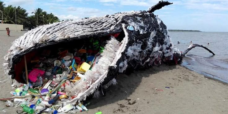 This may contain: there is a boat made out of trash on the beach