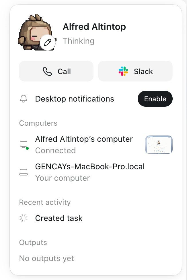 OpenAI Dot profile page with call, Slack and tasks