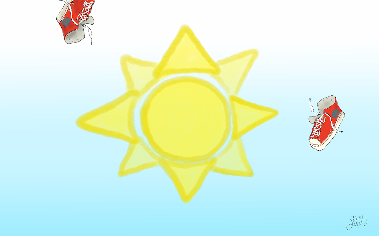 A cartoon of a sun in a blue sky drawn with fuzzy yellow outlines and points like a child might draw. Also in the sky are two red sneakers that are falling or floating. Art by Doodleslice 2025