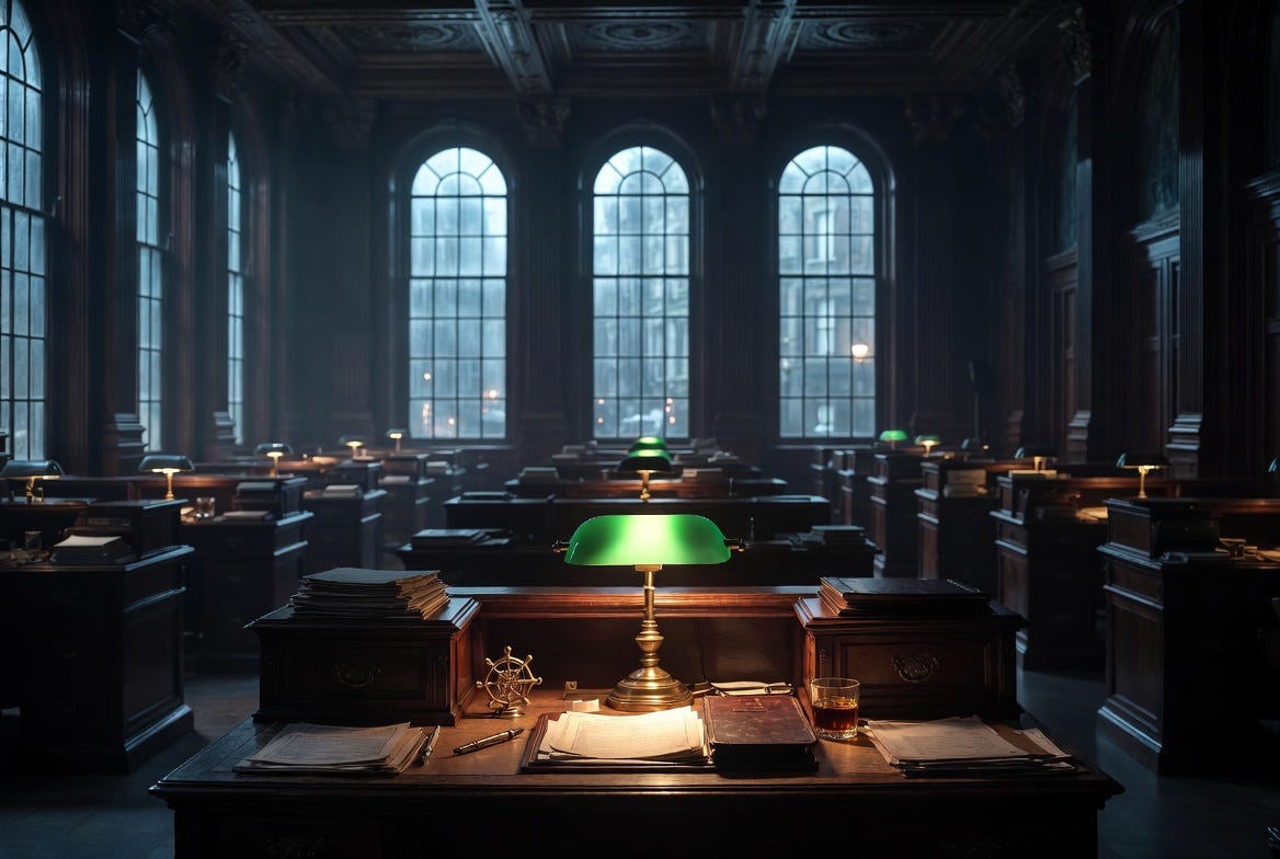 Grand library reading room with banker's lamp on wooden desk and arched windows Grand library reading room with banker's lamp on wooden desk and arched windows