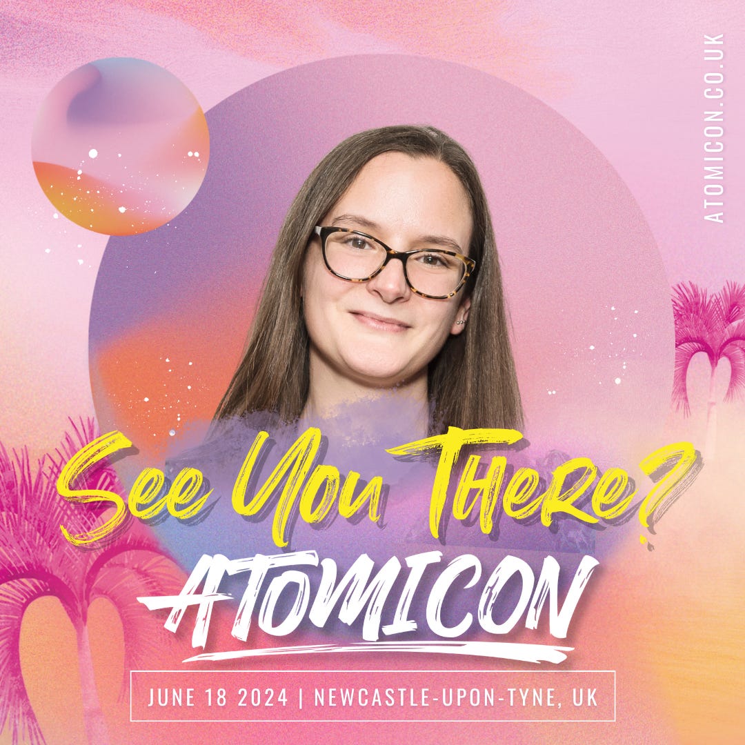 Mel in peachy pink background with See you there? Atomicon written in brush script