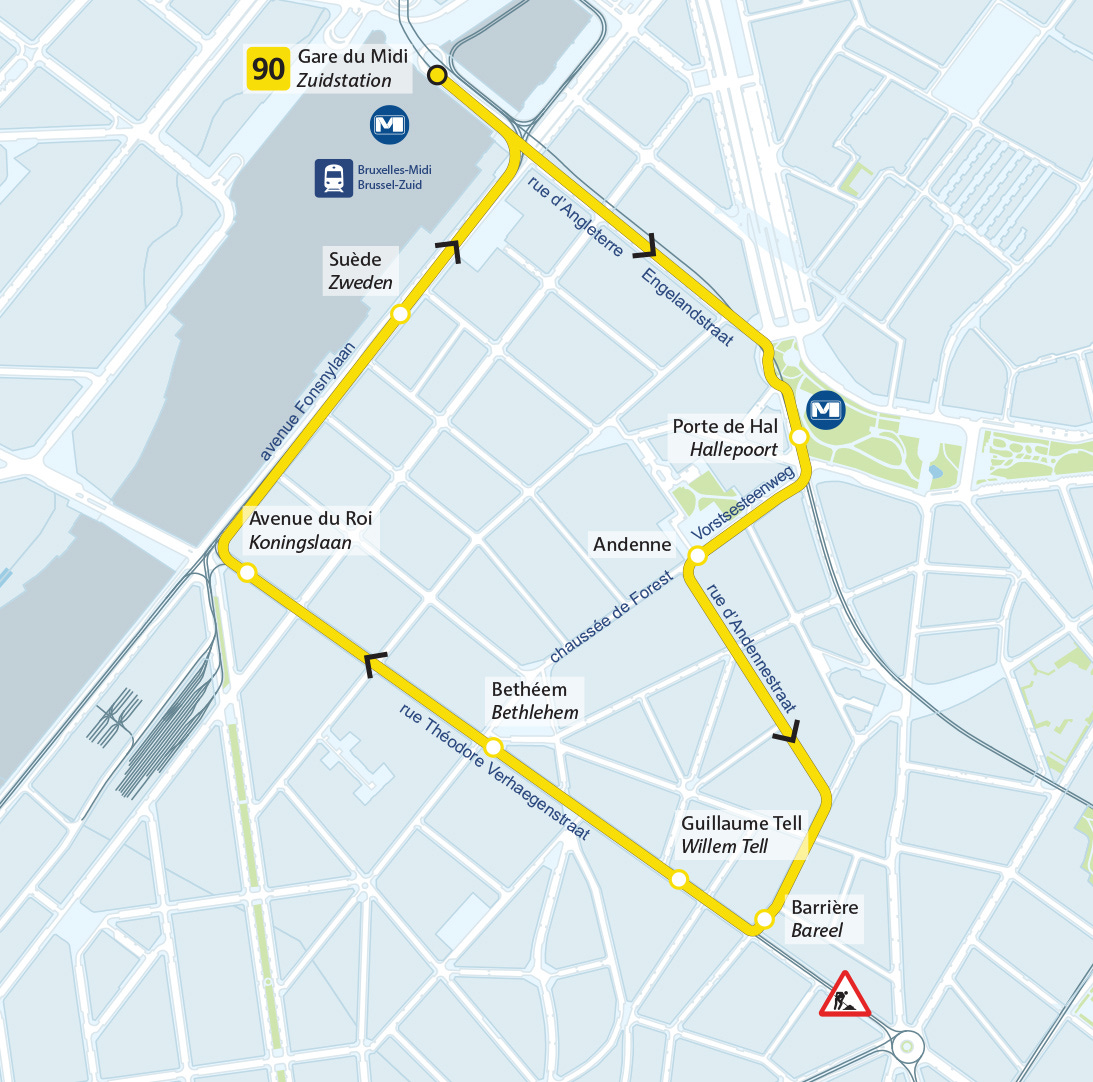 Plan de la ligne de bus temporaire 90 Plan de la ligne de bus temporaire 90
