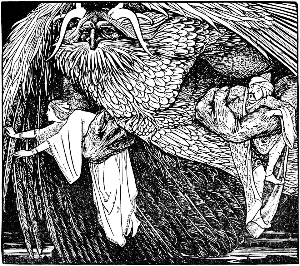 Illustration of a bearded, feathered, winged genie, carrying two people in its arms.