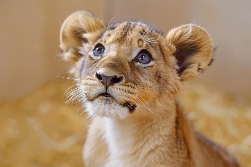 Adorable Lion Cub Gazing Upwards Stock Image - Image of young, background:  330276045