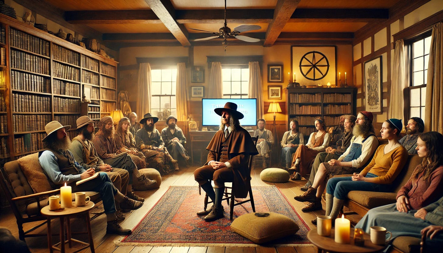 A Philadelphia Quaker, dressed in traditional Quaker attire with a broad-brimmed hat and plain clothing, sits comfortably in a cozy living room. The room has warm lighting, wooden furniture, and bookshelves filled with classic literature. The Quaker is giving a seminar to a group of hippie, organic-food-loving Jews and Lutherans, who are seated on cushions and rustic chairs. A PowerPoint presentation is projected onto a screen, explaining the concept of the 'third thing' with simple diagrams and philosophical quotes. The audience listens attentively, some taking notes, while others sip herbal tea. A Philadelphia Quaker, dressed in traditional Quaker attire with a broad-brimmed hat and plain clothing, sits comfortably in a cozy living room. The room has warm lighting, wooden furniture, and bookshelves filled with classic literature. The Quaker is giving a seminar to a group of hippie, organic-food-loving Jews and Lutherans, who are seated on cushions and rustic chairs. A PowerPoint presentation is projected onto a screen, explaining the concept of the 'third thing' with simple diagrams and philosophical quotes. The audience listens attentively, some taking notes, while others sip herbal tea.