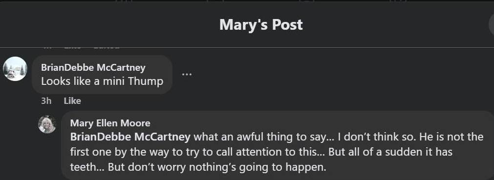 May be an image of text that says 'Mary's Mary'sPost s Post BrianDebbe McCartney Looks like a mini Thump 3h Like Mary Ellen Moore BrianDebbe McCartney what an awful thing to say... don't t think so. He is not the first one by the way to try to call attention to this... But all of a sudden it has teeth... But don't worry nothing's S going to happen.' May be an image of text that says 'Mary's Mary'sPost s Post BrianDebbe McCartney Looks like a mini Thump 3h Like Mary Ellen Moore BrianDebbe McCartney what an awful thing to say... don't t think so. He is not the first one by the way to try to call attention to this... But all of a sudden it has teeth... But don't worry nothing's S going to happen.'