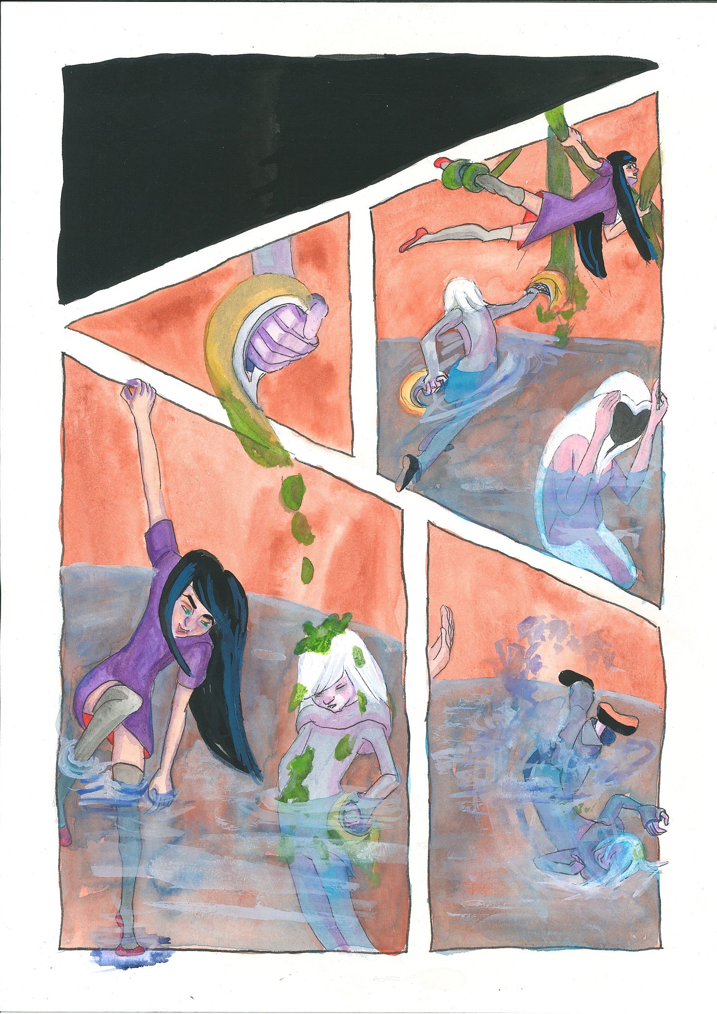 Página fragmentada da graphic novel Scarlet Moon, de autoria de Oryanna Borges. A ilustração, em aquarela e nanquim, mostra várias vinhetas sem moldura, em forma de trapézio. No topo, uma figura feminina de longos cabelos negros (Luna) flutua no ar, segurando uma liana. Embaixo, a mesma figura está em pé em águas turvas, com uma expressão de hiperfoco sensorial, observando uma segunda figura de cabelos brancos e pele clara que emerge da água. A composição, com cores terrosas e toques de verde, simboliza a dualidade e a fragmentação sensorial da mente neurodivergente, habitando o limiar entre o real e o onírico, conforme discutido na tese sobre o arquétipo do Trickster."