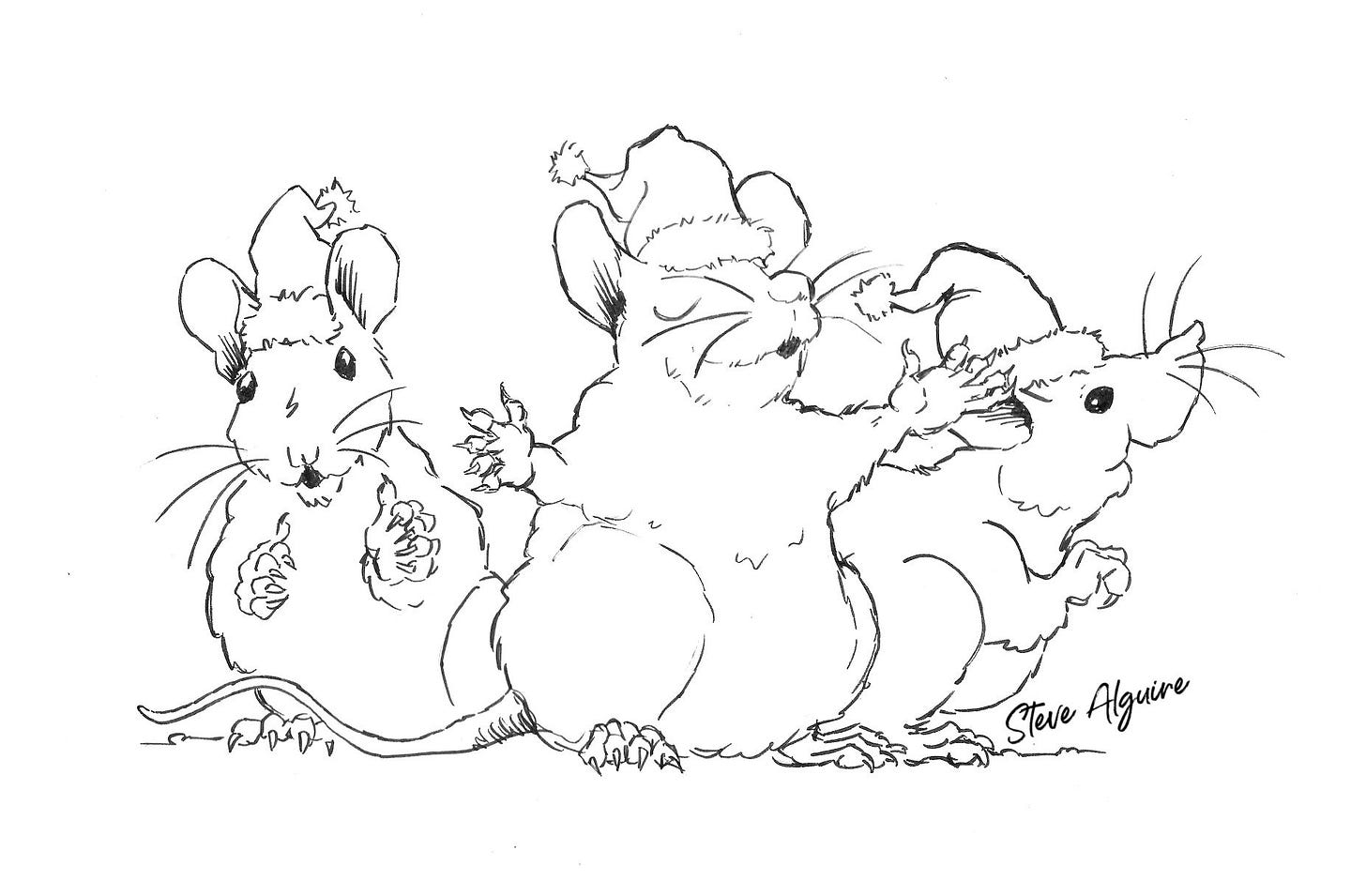 Three house mice in Santa hats sing.