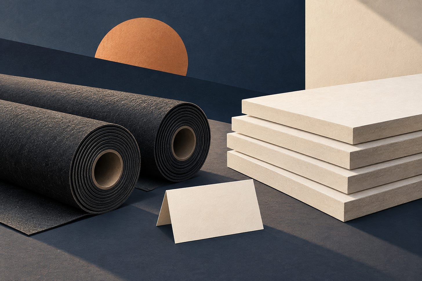 Roofing rolls beside stacked panels and a blank delivery card. Roofing rolls beside stacked panels and a blank delivery card.