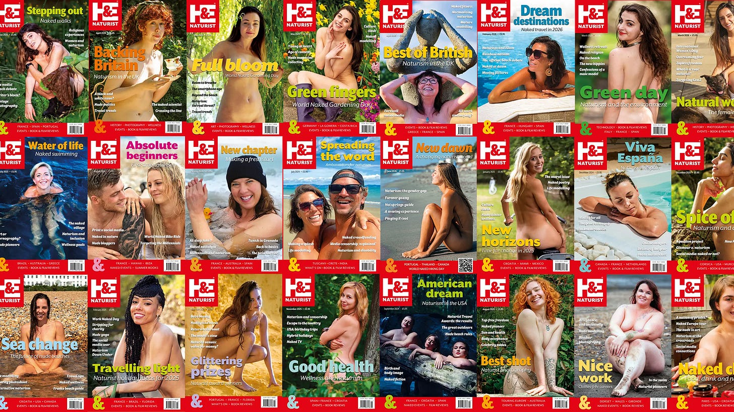 A grid of approximately 30 H&E Naturist magazine covers spanning roughly 2024 through early 2026, displayed in three rows. The covers feature a diverse range of nude and partially nude subjects — men, women, and couples of varying ages and body types — photographed in naturist settings including beaches, gardens, pools, and outdoor landscapes. Each cover carries a themed headline in bold display type, with recurring departments listed along the bottom including travel destinations, events, and book and film reviews. The H&E Naturist logo appears prominently on each cover. A grid of approximately 30 H&E Naturist magazine covers spanning roughly 2024 through early 2026, displayed in three rows. The covers feature a diverse range of nude and partially nude subjects — men, women, and couples of varying ages and body types — photographed in naturist settings including beaches, gardens, pools, and outdoor landscapes. Each cover carries a themed headline in bold display type, with recurring departments listed along the bottom including travel destinations, events, and book and film reviews. The H&E Naturist logo appears prominently on each cover.