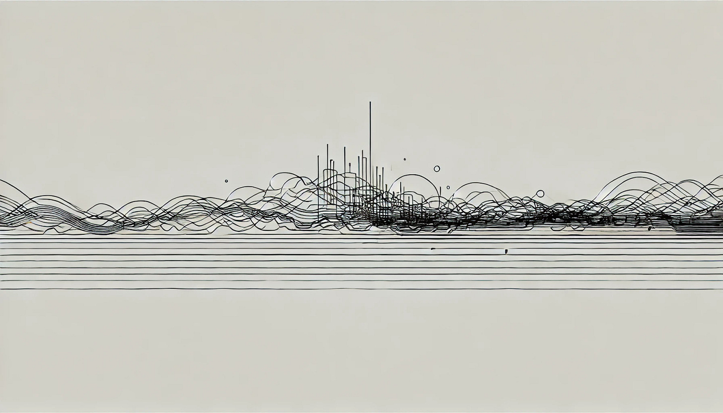 A minimalist black and white line drawing in landscape format. A single horizontal line starts as a clean, straight line on the left and gradually transforms into increasingly complex geometric patterns towards the right, resembling a calm signal becoming chaotic. The style is architectural, with a single continuous line and precise, clean execution. The transition from order to complexity is smooth and visually engaging.