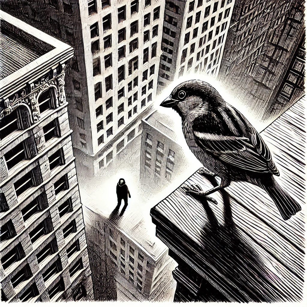 A sparrow looks down from an inner city rooftop. The silhouette of a man can be seen below.