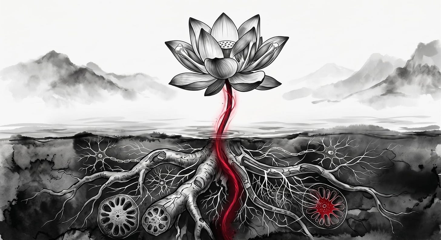 *Placeholder; visual identity pending.* Working direction: a lotus stem rising from dark water, the stem rendered in deep red rather than green, blossom above water, mud visible below, no sharp separation between the layers. Sumi-e suggestion without pastiche.
