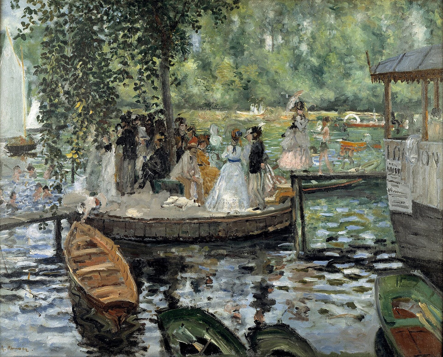 Bathers and boaters crowd a small round island with a tree on the Seine, with rowboats in the foreground and green water broken into short strokes of light. Bathers and boaters crowd a small round island with a tree on the Seine, with rowboats in the foreground and green water broken into short strokes of light.