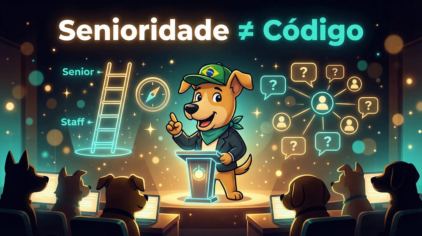 Gringo como mentor em um palco, ensinando que senioridade não é sobre código, mas sobre liderança