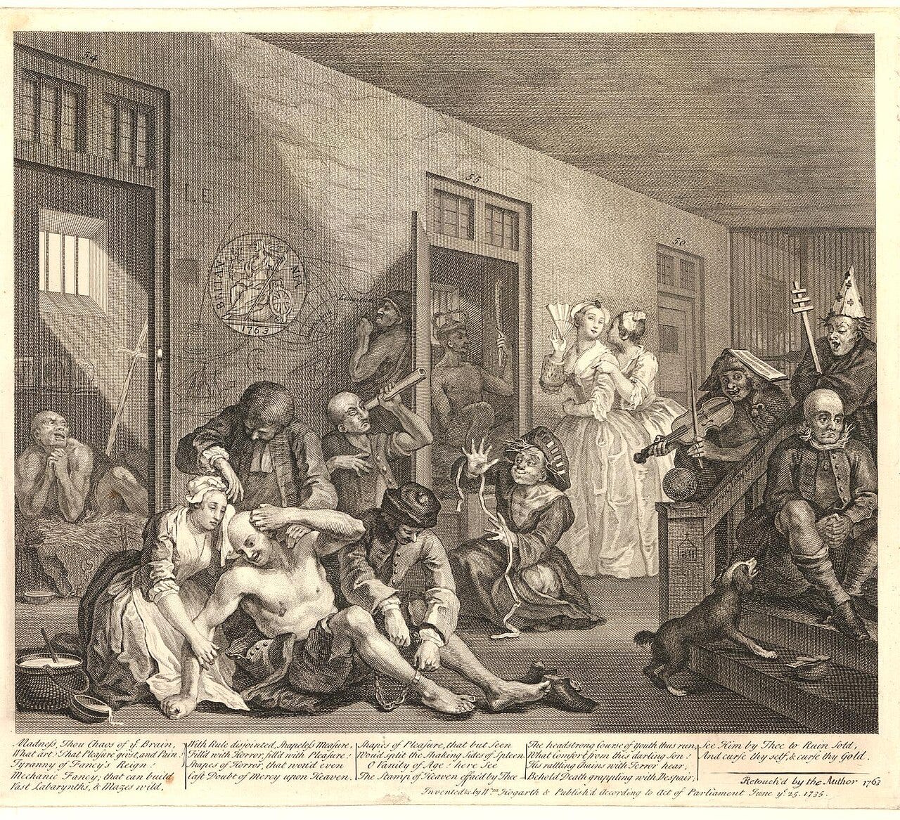 Asylum scene with visitors