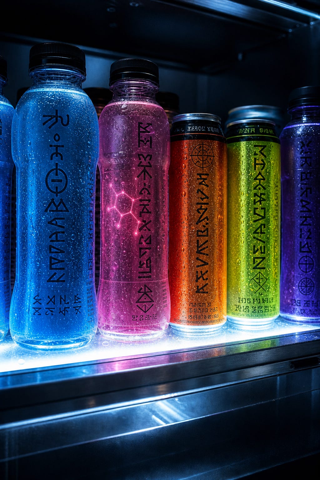 Dramatic fridge shelf macro — all brands replaced with cryptic unreadable symbols Dramatic fridge shelf macro — all brands replaced with cryptic unreadable symbols