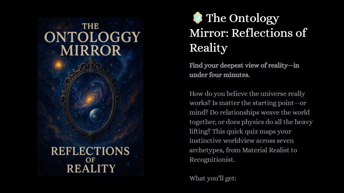 A dark, cosmic-themed book-style cover appears on the left side of the screen. The artwork shows a swirling blue-and-gold galaxy framed inside an ornate oval mirror with decorative flourishes. Below the mirror, a small Earth floats against a star-filled background. The title text on the cover reads: “THE ONTOLOGY MIRROR” at the top and “REFLECTIONS OF REALITY” at the bottom, all in serif gold lettering.  To the right of the cover, on a black background, white text introduces a quiz titled “The Ontology Mirror: Reflections of Reality.” An emoji of a glowing orb precedes the title. The tagline reads: “Find your deepest view of reality—in under four minutes.”  Below the heading, a paragraph asks how the reader believes the universe works: whether matter or mind comes first, whether relationships or physics structure reality, and explains that the quiz maps a person’s worldview across seven archetypes, from Material Realist to Recognitionist. The section ends with a subheading: “What you’ll get:”