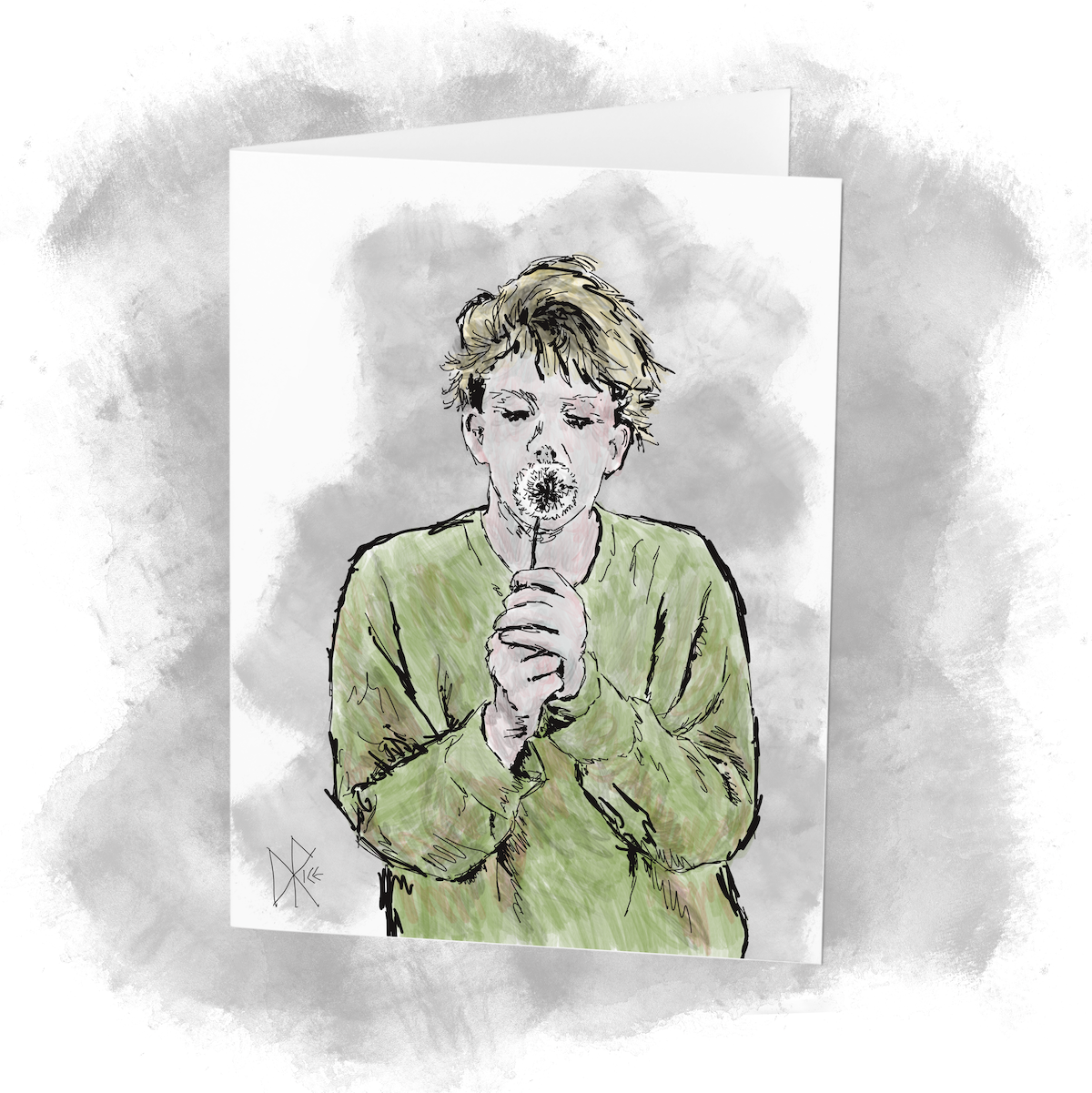A young woman in a green sweatshirt holds a dandelion seedhead in front of her mouth and begins to blow. Sketch art by Don Rice. A young woman in a green sweatshirt holds a dandelion seedhead in front of her mouth and begins to blow. Sketch art by Don Rice.