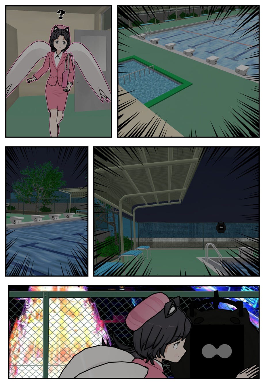 Rae reaches the rooftop, but everyone is gone. She goes to the viewfinder overlooking the cityscape.