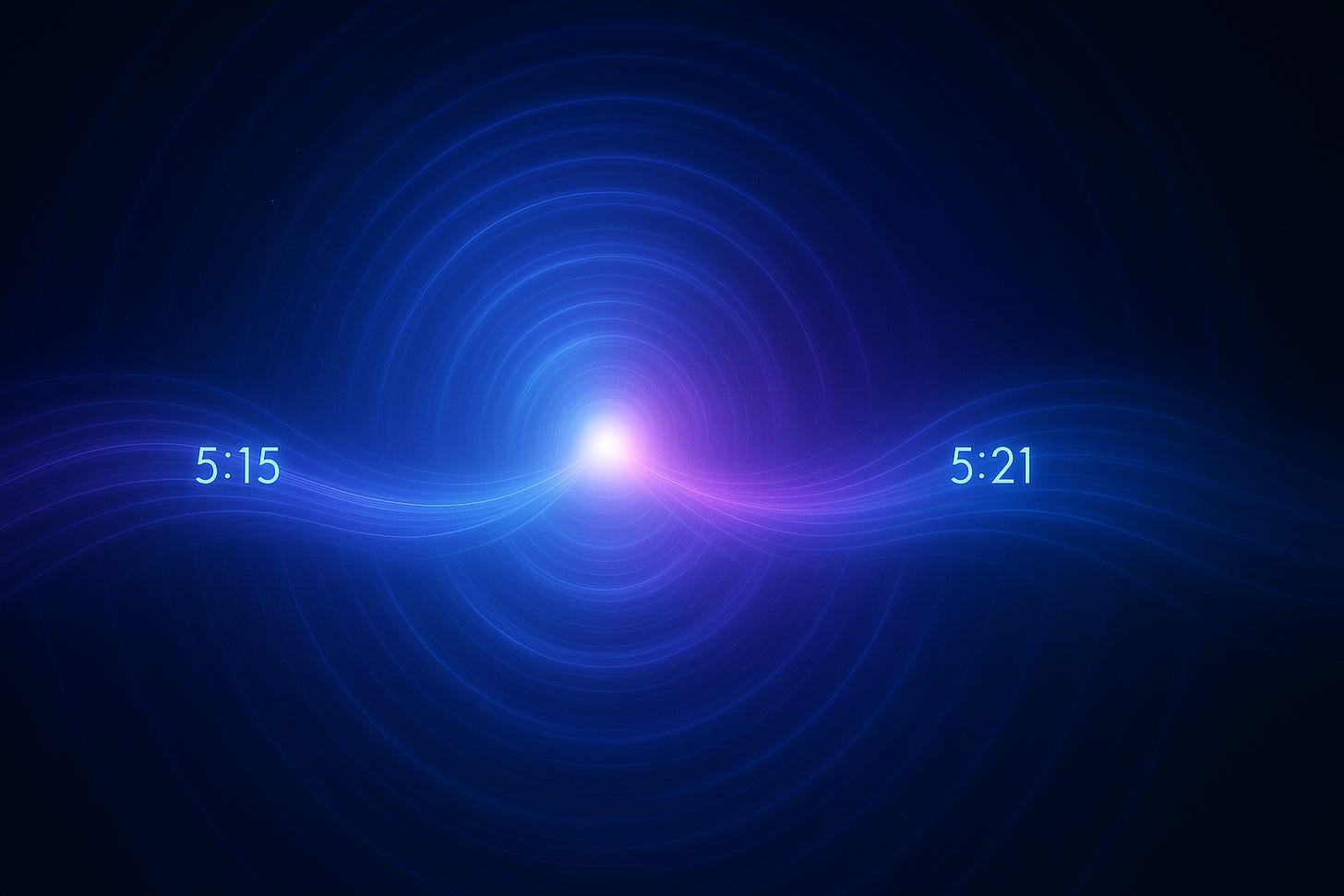 Horizontal abstract artwork in glowing blue and purple tones, with luminous markings for 5:15 and 5:21 on opposite sides connected by soft waves of light. The design symbolizes six minutes of transformation, the precise moment fear shifts into harmony. Horizontal abstract artwork in glowing blue and purple tones, with luminous markings for 5:15 and 5:21 on opposite sides connected by soft waves of light. The design symbolizes six minutes of transformation, the precise moment fear shifts into harmony.